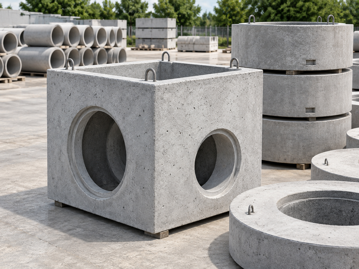 Precast concrete chambers and manhole sections with pipe openings