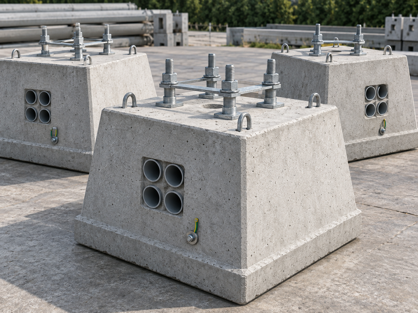Precast street light pole foundation with anchor bolts and sleeve openings