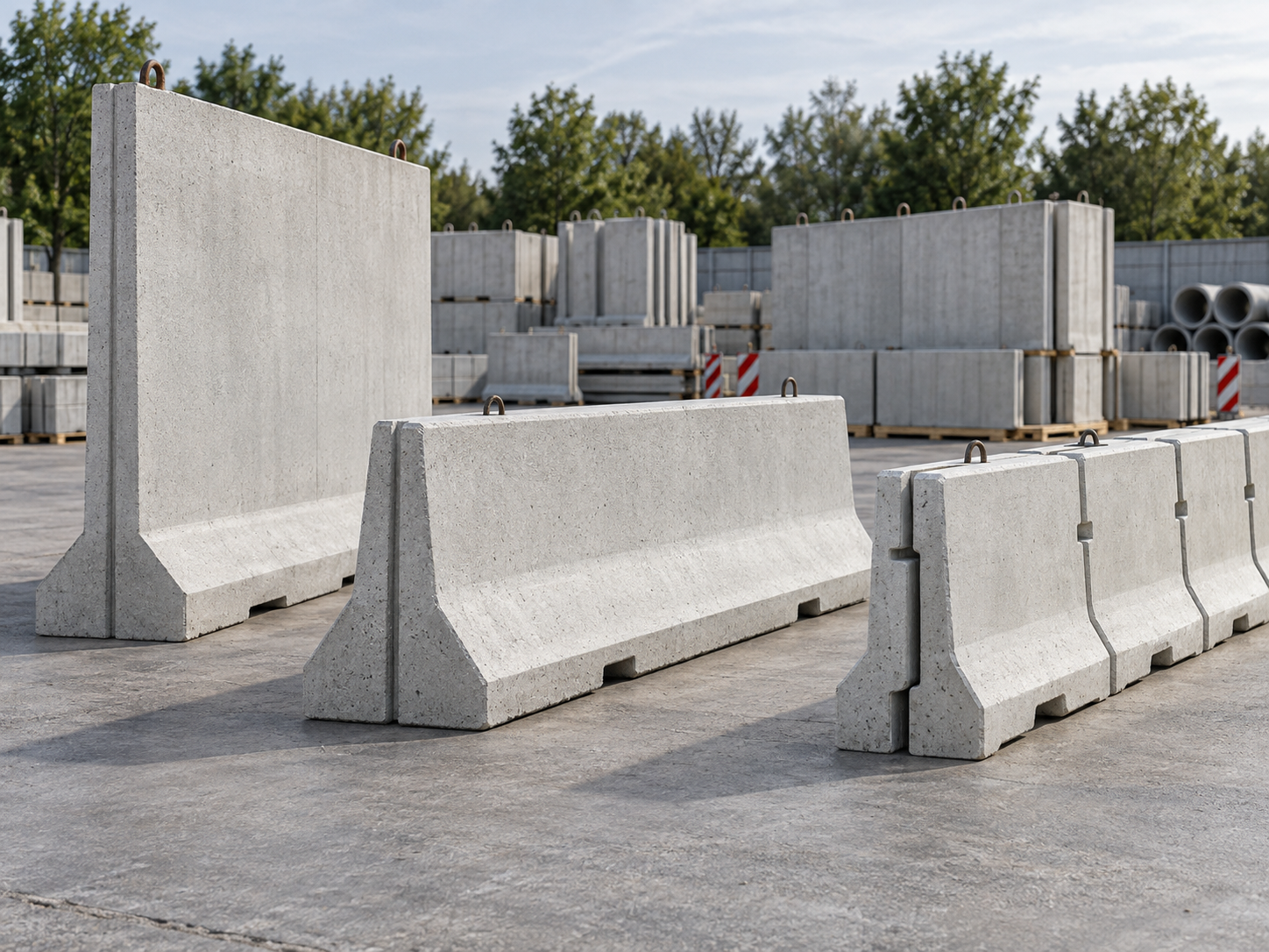 Precast T-walls, blast walls, and concrete road barriers